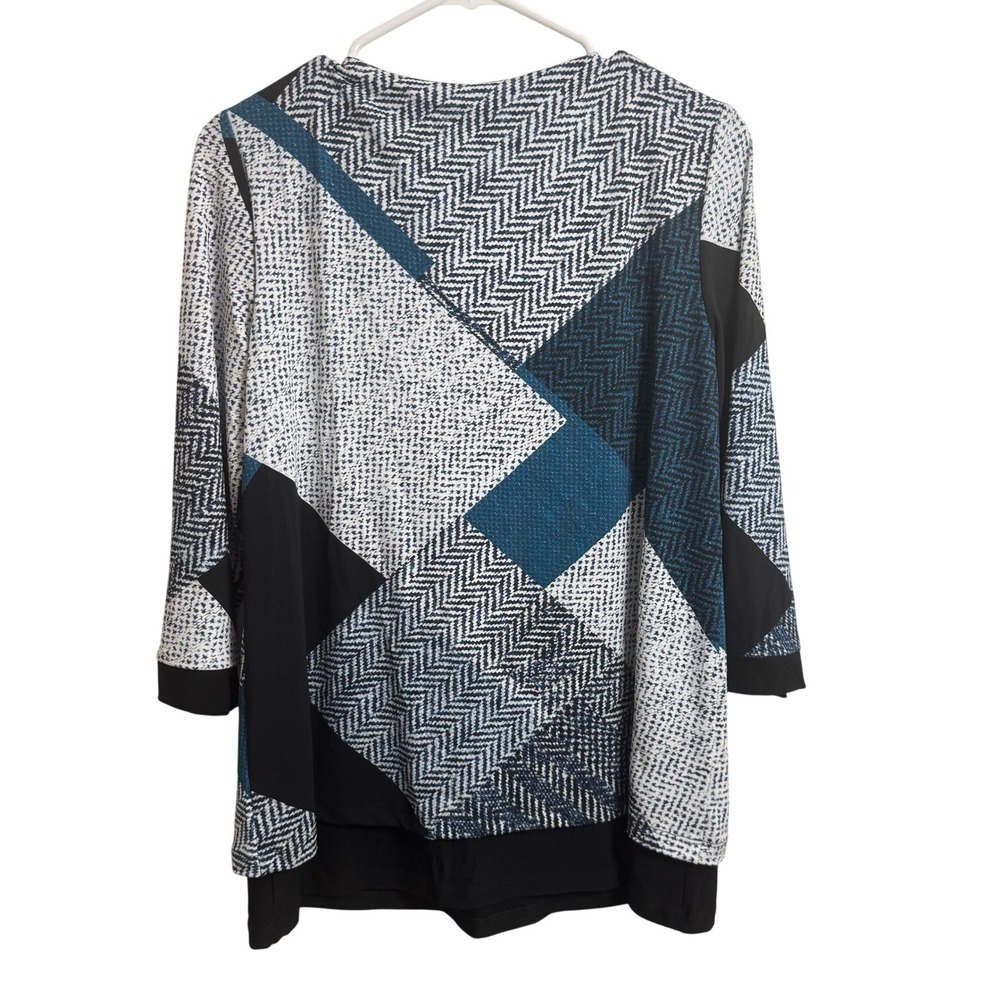 Joseph Ribkoff Womens 6 Geometric Patchwork Zipper V-Neck Tunic Top Teal Black - Picture 5 of 5
